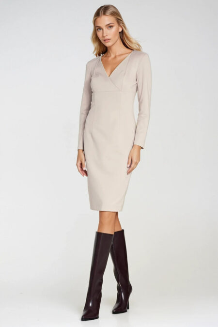 Sukienka z kopertowym dekoltem S276 Beige - Nife